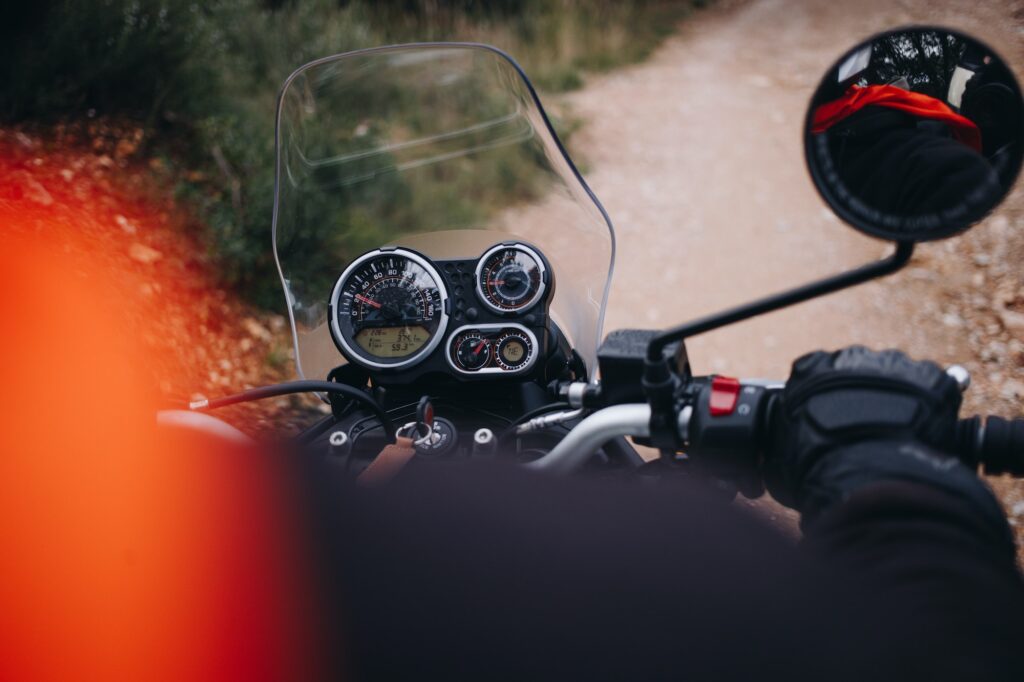 Close up of adventure motorcycle steering